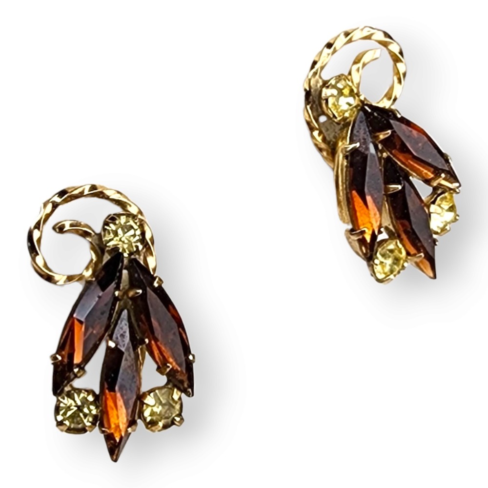 K Screw Back Earrings‎ 1/20 12K Gold Filled Amber Topaz Rhinestone Vintage